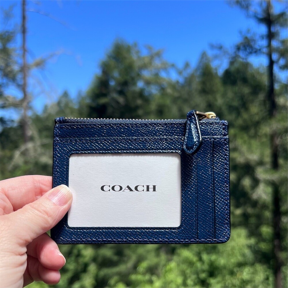COACH Crossgrain Leather Blue Mini Skinny ID Case Keychain Wallet Gold Hardware - Picture 6 of 9